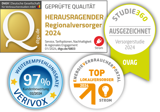 Auszeichnungen: Herausragender Regionalversorger 2019 (dtgv.de), Beste klassische Stromanbieter überregional (disq.de/NTV), TOP-Lokalversorger 2023 - Kundenempfehlungsrate von 97% bei Verivox und 96% bei Check24 (03/2023)